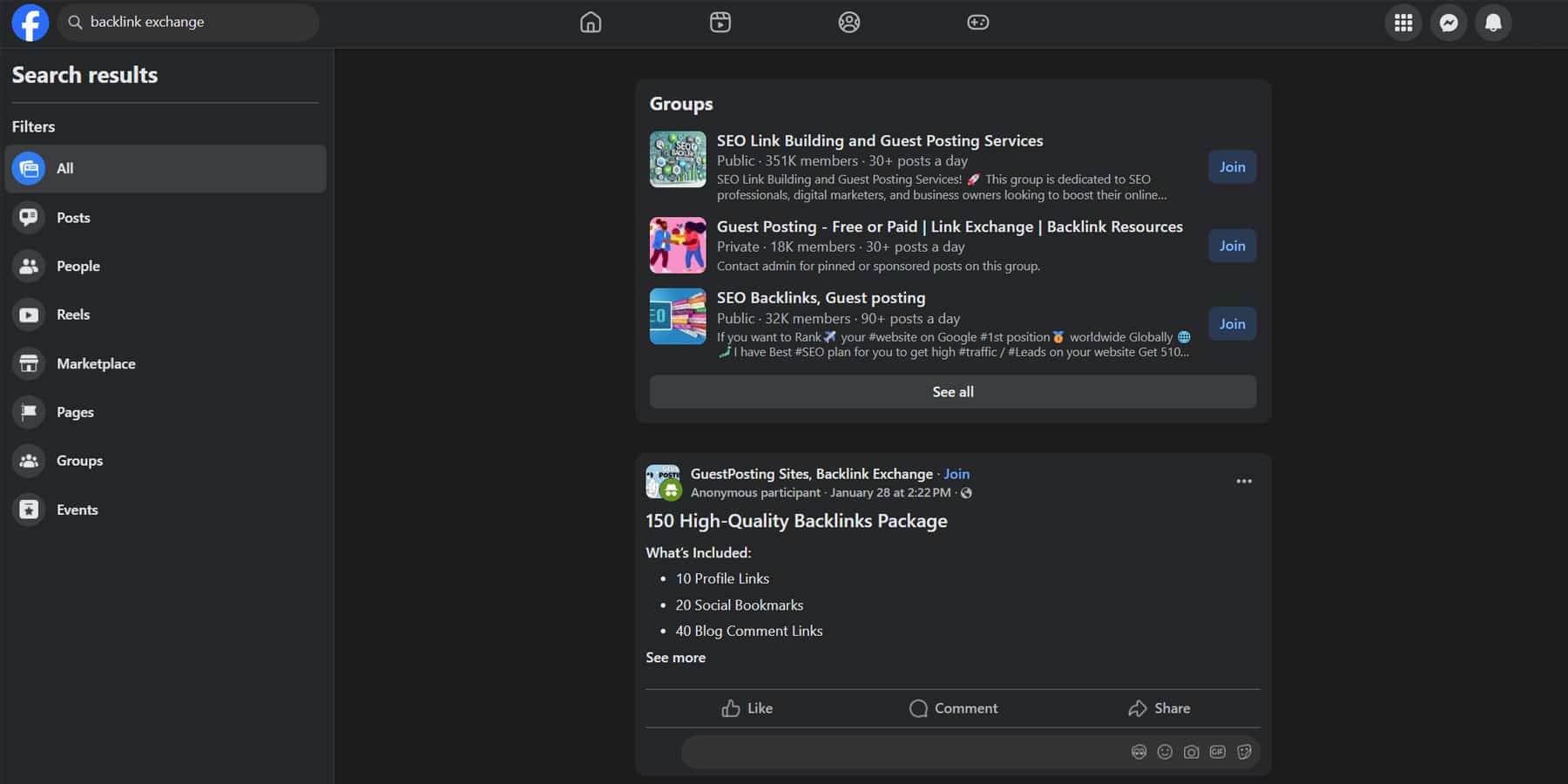 Facebook as free Backlink Exchange Platform